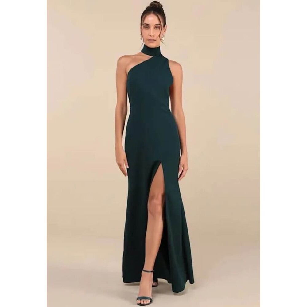 NWT Lulus LARGE Keep It Interesting Green Asymmetrical Cutout Halter Maxi Dress